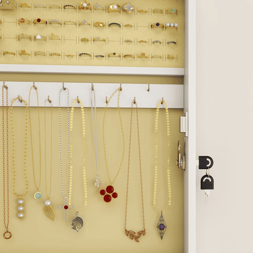 HOMCOM Armário de Joias de Parede com Espelho, Fecho, Vários Compartimentos para Brincos, Colares, Anéis e Pulseiras, Ideal para Montar na Parede ou Porta, Presente Branco com Forro Creme