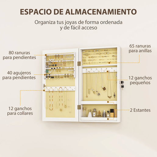 HOMCOM Armário de Joias de Parede com Espelho, Fecho, Vários Compartimentos para Brincos, Colares, Anéis e Pulseiras, Ideal para Montar na Parede ou Porta, Presente Branco com Forro Creme