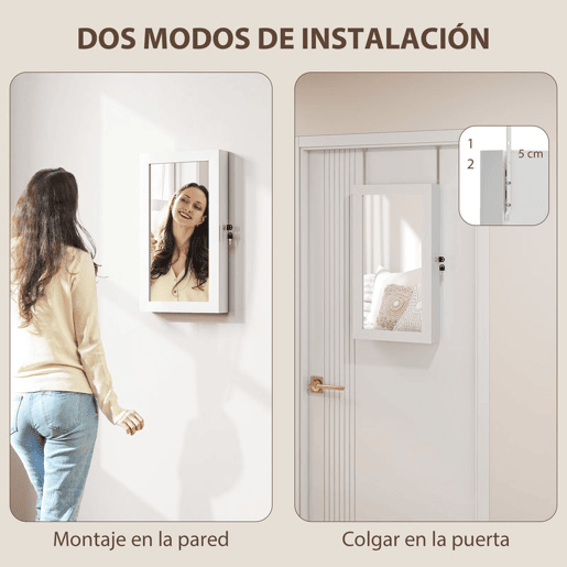 HOMCOM Armário de Joias de Parede com Espelho, Fecho, Vários Compartimentos para Brincos, Colares, Anéis e Pulseiras, Ideal para Montar na Parede ou Porta, Presente Branco com Forro Creme
