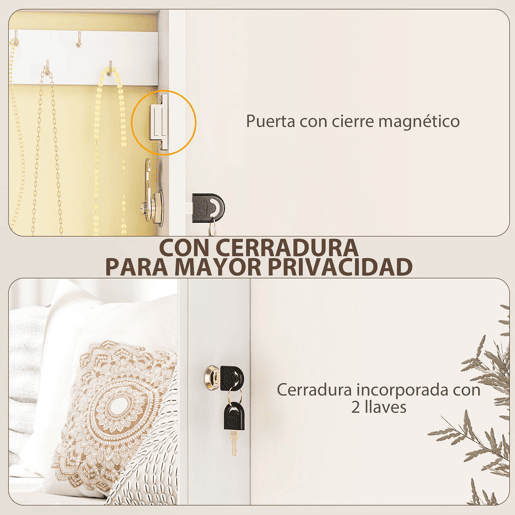 HOMCOM Armário de Joias de Parede com Espelho, Fecho, Vários Compartimentos para Brincos, Colares, Anéis e Pulseiras, Ideal para Montar na Parede ou Porta, Presente Branco com Forro Creme