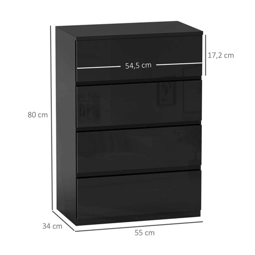 HOMCOM Cómoda com 4 Gavetas de Madeira Cómoda de Dormitório Cómoda Preta para Sala de Estar Estilo Moderno 55x34x80 cm Preto