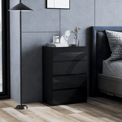 HOMCOM Cómoda com 4 Gavetas de Madeira Cómoda de Dormitório Cómoda Preta para Sala de Estar Estilo Moderno 55x34x80 cm Preto