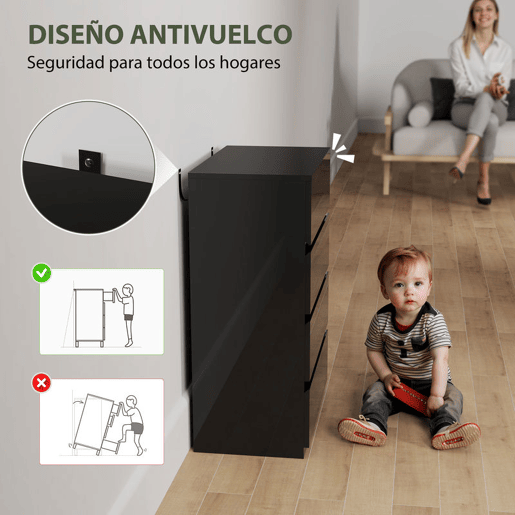 HOMCOM Cómoda com 4 Gavetas de Madeira Cómoda de Dormitório Cómoda Preta para Sala de Estar Estilo Moderno 55x34x80 cm Preto