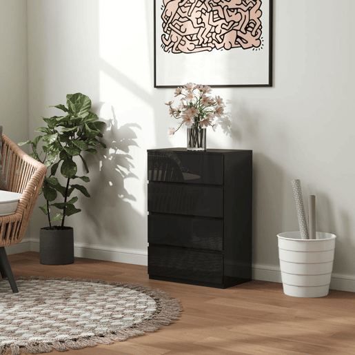 HOMCOM Cómoda com 4 Gavetas de Madeira Cómoda de Dormitório Cómoda Preta para Sala de Estar Estilo Moderno 55x34x80 cm Preto