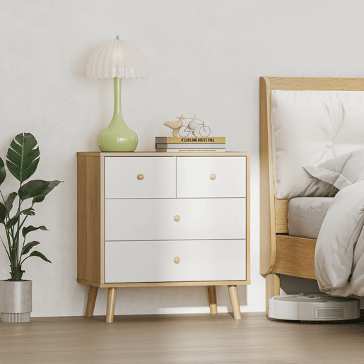 HOMCOM Cômoda de 4 Gavetas Cómoda para Quarto com Puxadores de Madeira Cómoda Estreita para Sala Corredor 60x35x65 cm Madeira e Branco
