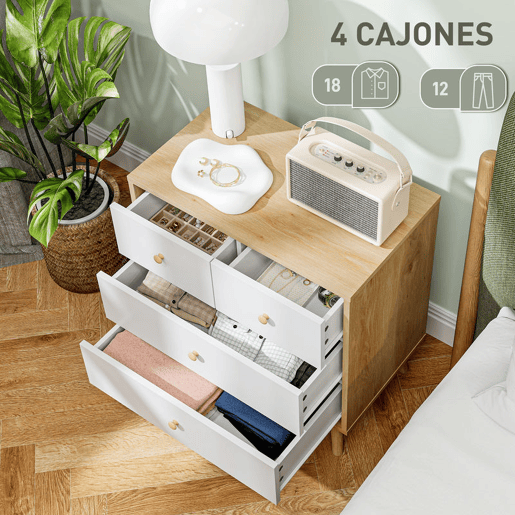 HOMCOM Cômoda de 4 Gavetas Cómoda para Quarto com Puxadores de Madeira Cómoda Estreita para Sala Corredor 60x35x65 cm Madeira e Branco
