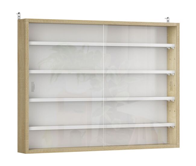 Homcom vitrina expositora para colecciones de 5 niveles, vitrina de pared, con estantes ajustables y 2 puertas correderas de vidrio, para perfumes, figuras de decoración, 80x9,5x60 cm, blanco y roble