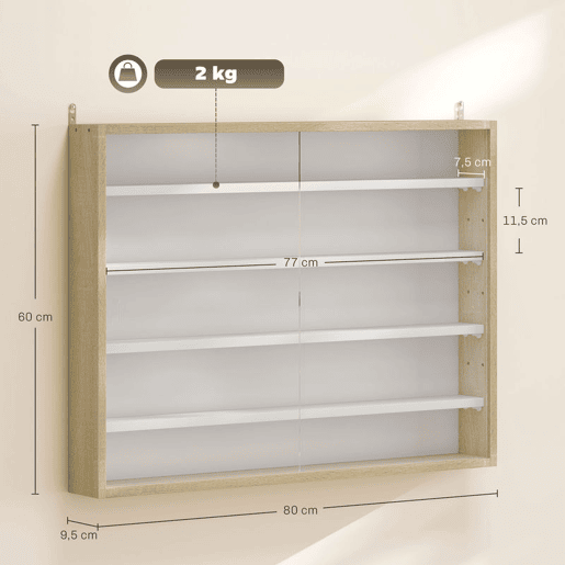 HOMCOM Vitrina Expositora para Coleções de 5 Níveis, Vitrina de Parede com Prateleiras Ajustáveis e 2 Portas de Vidro Deslizantes, para Perfumes, Figuras Decorativas, 80x9,5x60 cm, Branco e Carvalho
