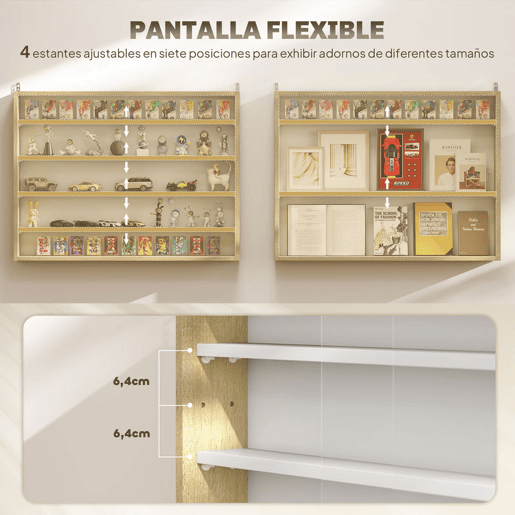 HOMCOM Vitrina Expositora para Coleções de 5 Níveis, Vitrina de Parede com Prateleiras Ajustáveis e 2 Portas de Vidro Deslizantes, para Perfumes, Figuras Decorativas, 80x9,5x60 cm, Branco e Carvalho