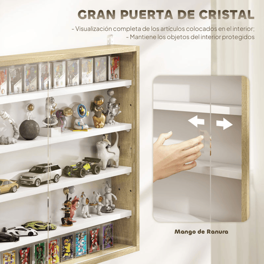 HOMCOM Vitrina Expositora para Coleções de 5 Níveis, Vitrina de Parede com Prateleiras Ajustáveis e 2 Portas de Vidro Deslizantes, para Perfumes, Figuras Decorativas, 80x9,5x60 cm, Branco e Carvalho