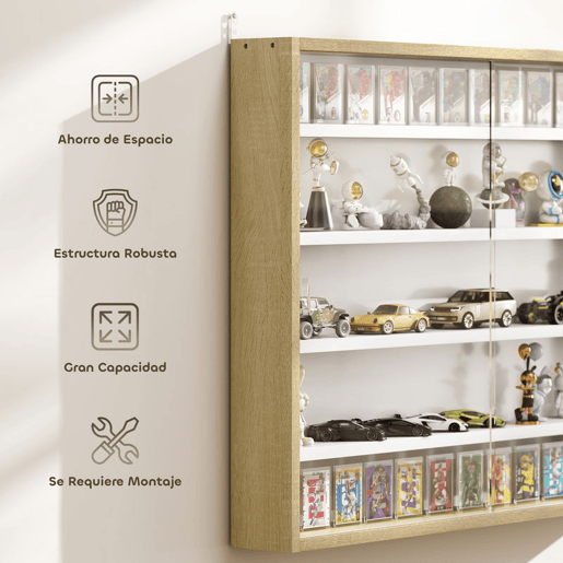 HOMCOM Vitrina Expositora para Coleções de 5 Níveis, Vitrina de Parede com Prateleiras Ajustáveis e 2 Portas de Vidro Deslizantes, para Perfumes, Figuras Decorativas, 80x9,5x60 cm, Branco e Carvalho