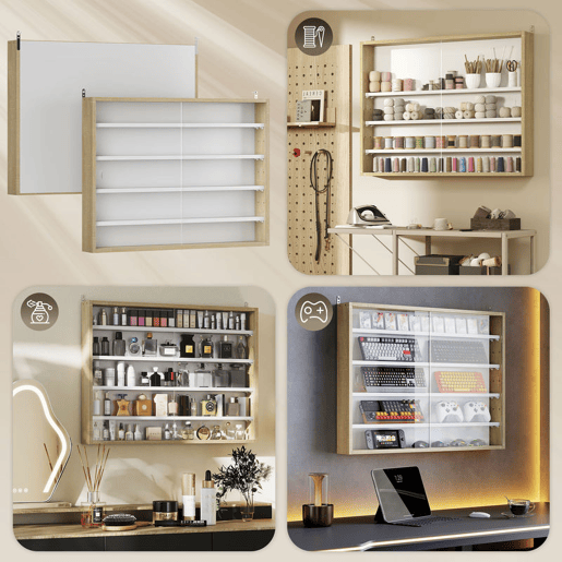 HOMCOM Vitrina Expositora para Coleções de 5 Níveis, Vitrina de Parede com Prateleiras Ajustáveis e 2 Portas de Vidro Deslizantes, para Perfumes, Figuras Decorativas, 80x9,5x60 cm, Branco e Carvalho