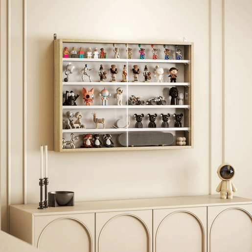 HOMCOM Vitrina Expositora para Coleções de 5 Níveis, Vitrina de Parede com Prateleiras Ajustáveis e 2 Portas de Vidro Deslizantes, para Perfumes, Figuras Decorativas, 80x9,5x60 cm, Branco e Carvalho