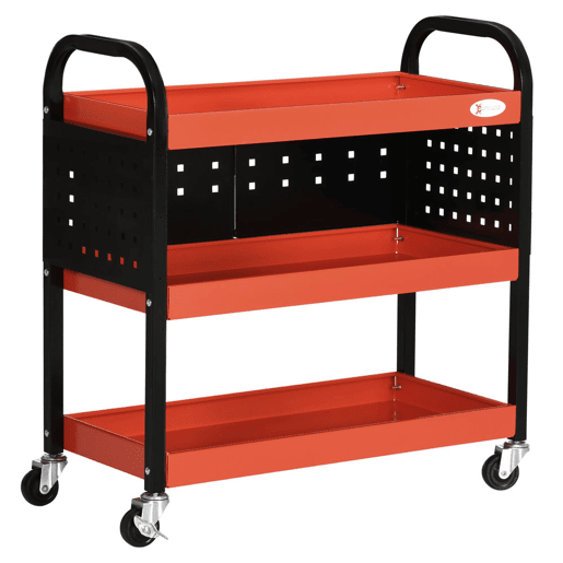 DURHAND Carro de Ferramentas Carro de Oficina de Aço com 3 Prateleiras Rodas e Painéis Perfurados para Garagem Mecânico Casa Carga 100 kg 75x35x80 cm Vermelho e Preto