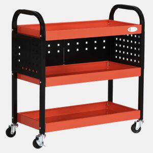 DURHAND Carro de Ferramentas Carro de Oficina de Aço com 3 Prateleiras Rodas e Painéis Perfurados para Garagem Mecânico Casa Carga 100 kg 75x35x80 cm Vermelho e Preto