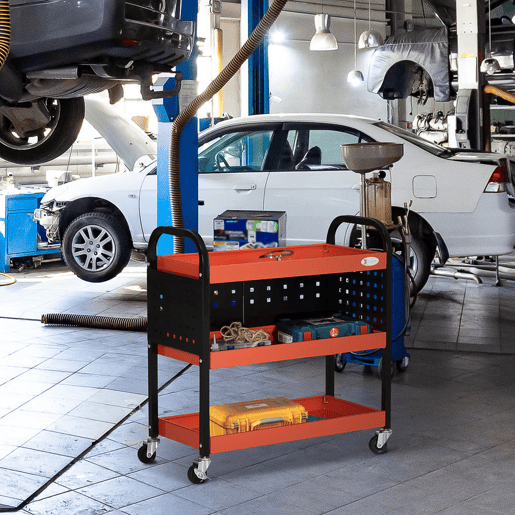 DURHAND Carro de Ferramentas Carro de Oficina de Aço com 3 Prateleiras Rodas e Painéis Perfurados para Garagem Mecânico Casa Carga 100 kg 75x35x80 cm Vermelho e Preto