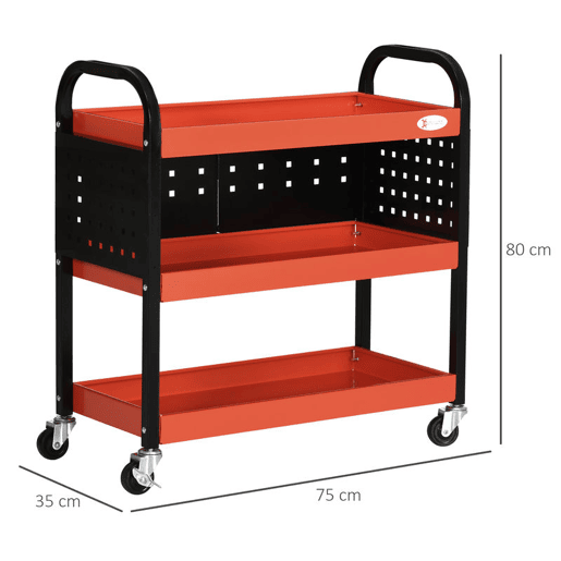 DURHAND Carro de Ferramentas Carro de Oficina de Aço com 3 Prateleiras Rodas e Painéis Perfurados para Garagem Mecânico Casa Carga 100 kg 75x35x80 cm Vermelho e Preto