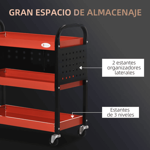 DURHAND Carro de Ferramentas Carro de Oficina de Aço com 3 Prateleiras Rodas e Painéis Perfurados para Garagem Mecânico Casa Carga 100 kg 75x35x80 cm Vermelho e Preto