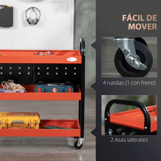 DURHAND Carro de Ferramentas Carro de Oficina de Aço com 3 Prateleiras Rodas e Painéis Perfurados para Garagem Mecânico Casa Carga 100 kg 75x35x80 cm Vermelho e Preto