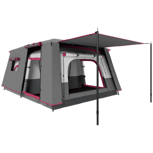 Outsunny Tenda de Campismo Familiar para 5 Pessoas Tipo Túnel com 2 Quartos Alpendre Impermeável 3000 mm Anti-UV para Pesca Caminhadas Vermelho