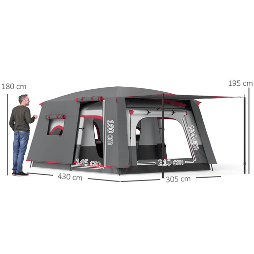 Outsunny Tenda de Campismo Familiar para 5 Pessoas Tipo Túnel com 2 Quartos Alpendre Impermeável 3000 mm Anti-UV para Pesca Caminhadas Vermelho