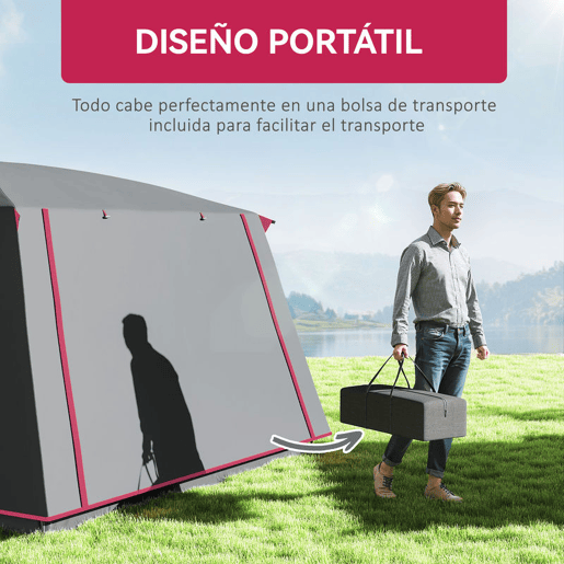 Outsunny Tenda de Campismo Familiar para 5 Pessoas Tipo Túnel com 2 Quartos Alpendre Impermeável 3000 mm Anti-UV para Pesca Caminhadas Vermelho