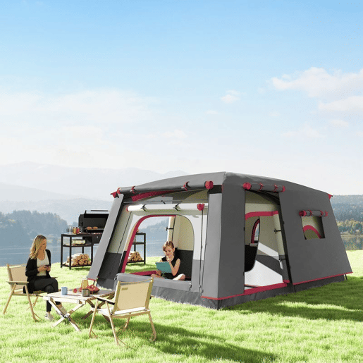 Outsunny Tenda de Campismo Familiar para 5 Pessoas Tipo Túnel com 2 Quartos Alpendre Impermeável 3000 mm Anti-UV para Pesca Caminhadas Vermelho