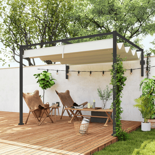 Outsunny Pérgola de Parede 297x211x220 cm Pérgola de Jardim com Teto Retrátil e Estrutura de Aço Pérgola para Pátio Exterior Creme