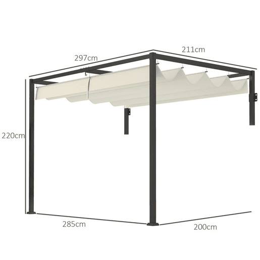 Outsunny Pérgola de Parede 297x211x220 cm Pérgola de Jardim com Teto Retrátil e Estrutura de Aço Pérgola para Pátio Exterior Creme