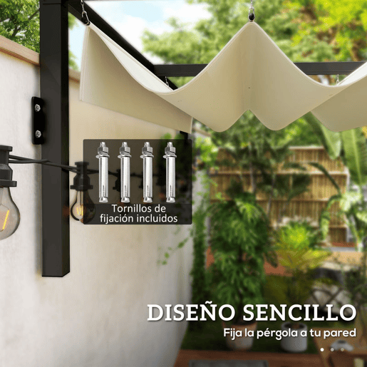 Outsunny Pérgola de Parede 297x211x220 cm Pérgola de Jardim com Teto Retrátil e Estrutura de Aço Pérgola para Pátio Exterior Creme