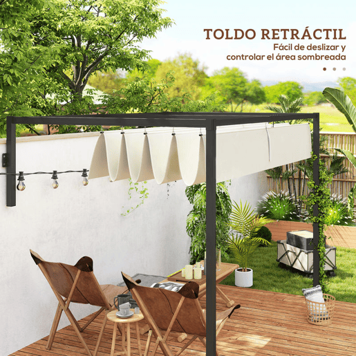 Outsunny Pérgola de Parede 297x211x220 cm Pérgola de Jardim com Teto Retrátil e Estrutura de Aço Pérgola para Pátio Exterior Creme