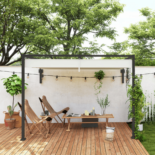 Outsunny Pérgola de Parede 297x211x220 cm Pérgola de Jardim com Teto Retrátil e Estrutura de Aço Pérgola para Pátio Exterior Creme