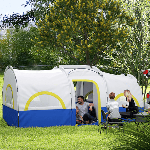 Outsunny Tenda de Campismo Familiar Tipo Túnel Tenda para 4-6 Pessoas Impermeável 3.000 mm Tenda de Campismo Dobrável com 2 Quartos e Saco de Transporte 435x251x195 cm Azul e Cinzento