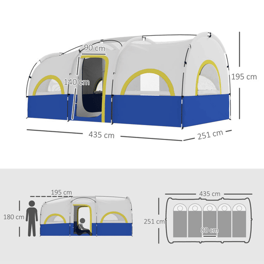 Outsunny Tenda de Campismo Familiar Tipo Túnel Tenda para 4-6 Pessoas Impermeável 3.000 mm Tenda de Campismo Dobrável com 2 Quartos e Saco de Transporte 435x251x195 cm Azul e Cinzento