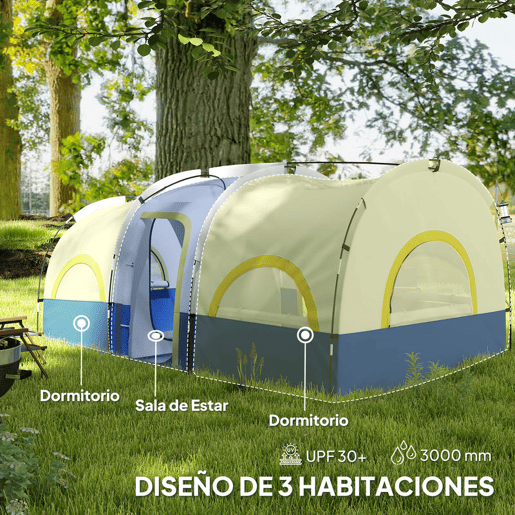 Outsunny Tenda de Campismo Familiar Tipo Túnel Tenda para 4-6 Pessoas Impermeável 3.000 mm Tenda de Campismo Dobrável com 2 Quartos e Saco de Transporte 435x251x195 cm Azul e Cinzento