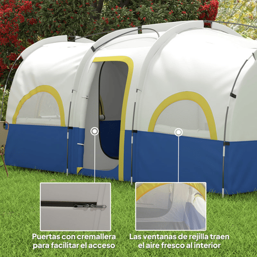 Outsunny Tenda de Campismo Familiar Tipo Túnel Tenda para 4-6 Pessoas Impermeável 3.000 mm Tenda de Campismo Dobrável com 2 Quartos e Saco de Transporte 435x251x195 cm Azul e Cinzento