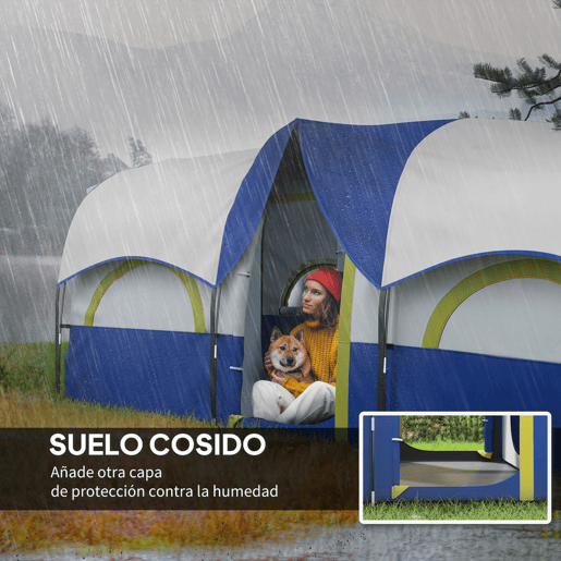 Outsunny Tenda de Campismo Familiar Tipo Túnel Tenda para 4-6 Pessoas Impermeável 3.000 mm Tenda de Campismo Dobrável com 2 Quartos e Saco de Transporte 435x251x195 cm Azul e Cinzento