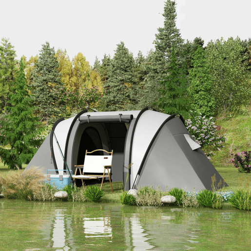 Outsunny Tenda de Campismo Familiar para 4-5 Pessoas Tenda de Campismo Túnel Impermeável 3000 mm com 2 Quartos Bolsa de Transporte e Gancho Ideal para Caminhadas e Pesca Cinzento