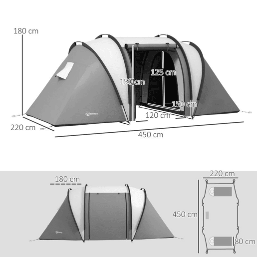 Outsunny Tenda de Campismo Familiar para 4-5 Pessoas Tenda de Campismo Túnel Impermeável 3000 mm com 2 Quartos Bolsa de Transporte e Gancho Ideal para Caminhadas e Pesca Cinzento