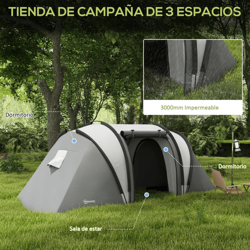 Outsunny Tenda de Campismo Familiar para 4-5 Pessoas Tenda de Campismo Túnel Impermeável 3000 mm com 2 Quartos Bolsa de Transporte e Gancho Ideal para Caminhadas e Pesca Cinzento