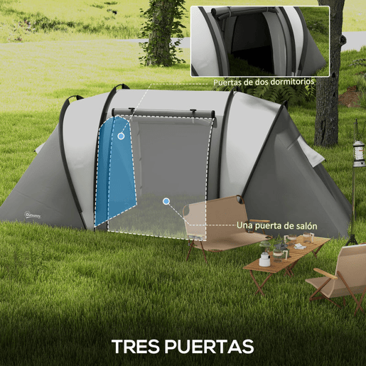 Outsunny Tenda de Campismo Familiar para 4-5 Pessoas Tenda de Campismo Túnel Impermeável 3000 mm com 2 Quartos Bolsa de Transporte e Gancho Ideal para Caminhadas e Pesca Cinzento