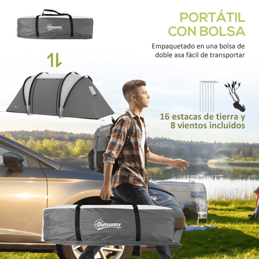 Outsunny Tenda de Campismo Familiar para 4-5 Pessoas Tenda de Campismo Túnel Impermeável 3000 mm com 2 Quartos Bolsa de Transporte e Gancho Ideal para Caminhadas e Pesca Cinzento