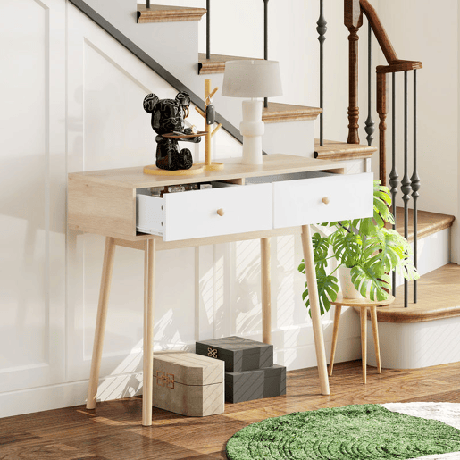 HOMCOM Mesa Consola Moderna Consola de Entrada Estreita com 2 Gavetas para Corredor Entrada Sala ou Dormitório 86x35x75 cm Carvalho