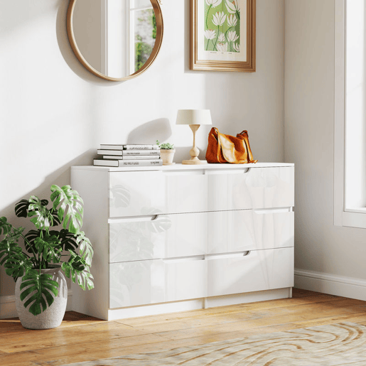 HOMCOM Cómoda com 6 Gavetas Cómoda de Dormitório Moderna com Sistema Anti-Tombo Cómoda para Sala de Estar Corredor 120x40x75 cm Branco
