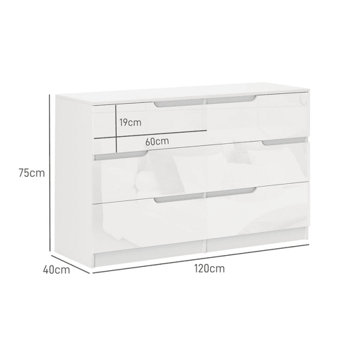 HOMCOM Cómoda com 6 Gavetas Cómoda de Dormitório Moderna com Sistema Anti-Tombo Cómoda para Sala de Estar Corredor 120x40x75 cm Branco