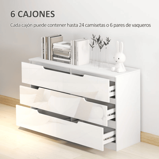 HOMCOM Cómoda com 6 Gavetas Cómoda de Dormitório Moderna com Sistema Anti-Tombo Cómoda para Sala de Estar Corredor 120x40x75 cm Branco