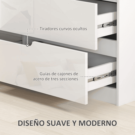HOMCOM Cómoda com 6 Gavetas Cómoda de Dormitório Moderna com Sistema Anti-Tombo Cómoda para Sala de Estar Corredor 120x40x75 cm Branco