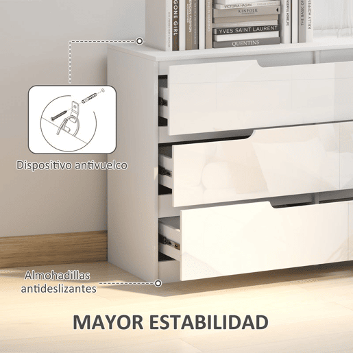 HOMCOM Cómoda com 6 Gavetas Cómoda de Dormitório Moderna com Sistema Anti-Tombo Cómoda para Sala de Estar Corredor 120x40x75 cm Branco