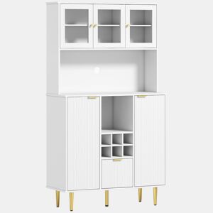 HOMCOM Armário de Cozinha Móvel Auxiliar de Cozinha Armário Alto com 3 Portas de Vidro Suporte para Garrafas Gaveta Prateleiras Ajustáveis e Compartimentos Abertos 100x40x180 cm Branco