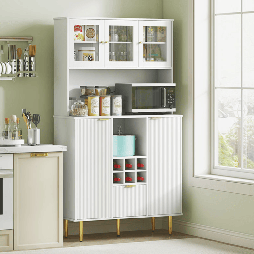 HOMCOM Armário de Cozinha Móvel Auxiliar de Cozinha Armário Alto com 3 Portas de Vidro Suporte para Garrafas Gaveta Prateleiras Ajustáveis e Compartimentos Abertos 100x40x180 cm Branco